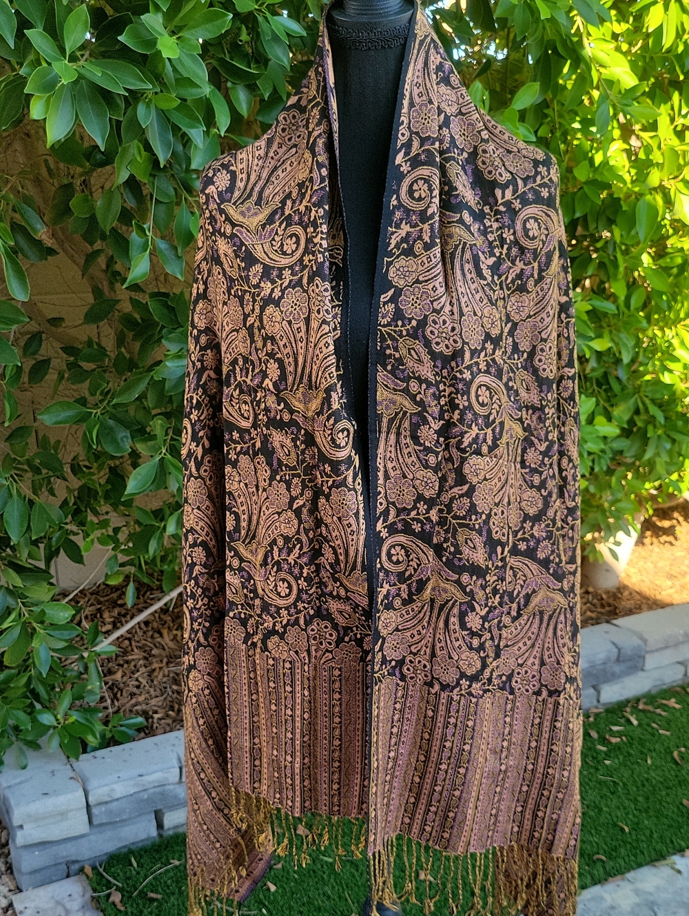 Black Gold Purple Paisley Scarf Shawl With Fringe